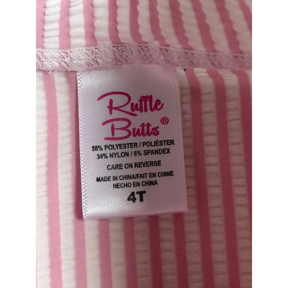 RuffleButts Seersucker Long Sleeve Rash Guard (Pink & White Striped) - 4T